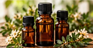Unbranded amber essential oil bottles among botanical leaves
